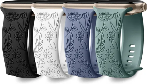 DaQin Paquete de 4 correas florales grabadas compatibles con Apple Watch para mujeres de 40mm 41mm 42mm 44mm 45mm 46mm 38mm 49mm, correa de silicona