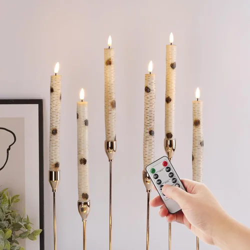 Eywamage Velas LED cónicas de corteza de abedul con control remoto, velas de madera que funcionan con pilas, velas de cera LED, juego de 6 Abedul