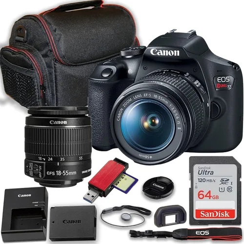 Canon Cámara DSLR EOS Rebel T7 con lente Canon EF-S 0.709-2.165 in f/3.5-5.6 is II + tarjeta de memoria de 64 GB + funda, lector de tarjetas y más