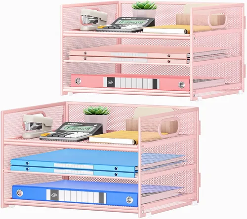 Miniatura 8 de SUBEKYU 2 paquetes de organizador de bandejas de cartas de 3 niveles para escritorio, organizador clasificador de archivos de malla metálica negra