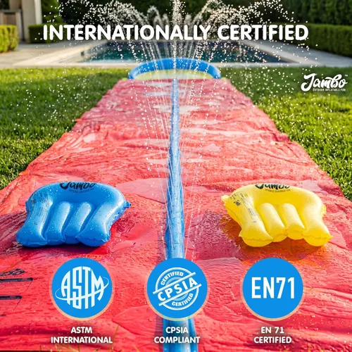 Miniatura 8 de JAMBO 7.3 metros XL Tobogán, Resbaladilla y Aspersor y 2 Tablas de Bodyboard, Tobogán de Agua para Césped de Alta Resistencia, Juguete de Agua