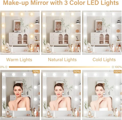 Miniatura 2 de YIKEHOME Makeup Vanity Desk with Mirror, LED Lights and Power Outlet Vanity Table Set with Large Drawers and and Charging Station for Bedroom