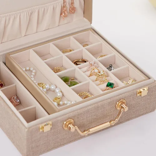 Miniatura 5 de Joyero portátil para mujeres y niñas con piel sintética, caja organizadora de aretes con espejo de maquillaje para regalos de Navidad y Año Nuevo