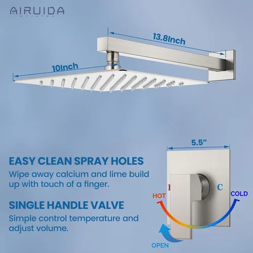 Miniatura 8 de Airuida Juego de grifo de ducha para baño, sistema de ducha de lluvia de acero inoxidable SUS304, mango único con roscas macho, válvula de Níquel