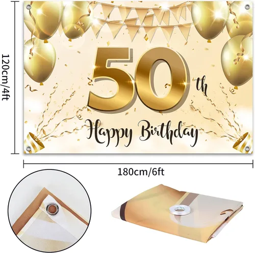 Miniatura 2 de HAMIGAR Fondo de pancarta de feliz cumpleaños 50 de 6 x 4 pies, decoraciones de cumpleaños de 50 años, suministros de fiesta para mujeres, oro blanco