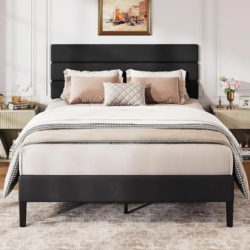 Miniatura 9 de WLIVE Base de cama tapizada, marcos de cama individual con cabecero, cama de plataforma con listones de madera, base de colchón de 600 libras,