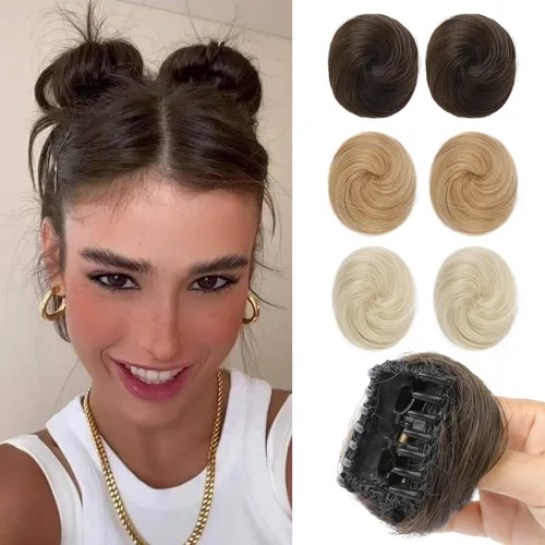 Miniatura 13 de REECHO Piezas de cabello Space Bun, 2 extensiones de moño mini con clip de pinza en extensiones de moño falsas de orejas de gato y desordenadas