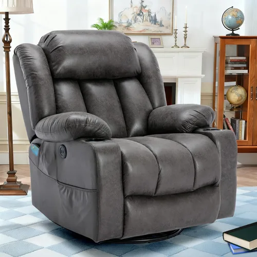 Miniatura 9 de Silla reclinable giratoria con calor y masaje, mecedora manual mecedora reclinable, silla giratoria de 360° con 2 portavasos, bolsillos laterales