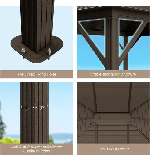 Miniatura 5 de Tangkula Gazebo de techo rígido de 12 x 10 pies, cenador de doble parte superior para exteriores con parte superior de acero galvanizado, marco