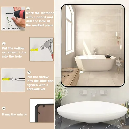 Miniatura 3 de Espejo de pared rectangular con marco de metal negro de 30 x 40 pulgadas, espejo rectangular grande y redondeado, antioxidante, se cuelga horizontal