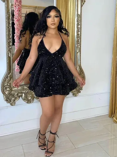 Miniatura 2 de CWOAPO Vestidos cortos de lentejuelas para adolescentes 2024 con tirantes delgados brillantes, cuello en V, vestido de graduación, vestido de fiesta