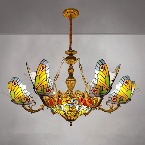 Miniatura 9 de Tiffany Style Candelabros con 7 luces de vidrieras de mariposa colgante con 6 pantallas de lámpara de mariposa, lámparas colgantes de techo rústicas