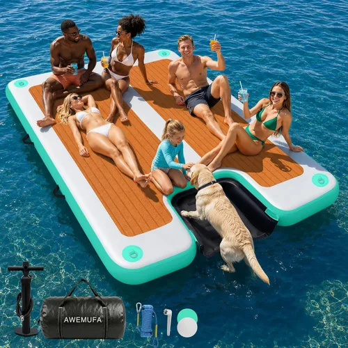 Miniatura 10 de AWEMUFA Muelle flotante inflable con rampa de 5 pies/6 pies/8 pies/10 pies, plataforma flotante flotante, tapete flotante de isla flotante, flotador