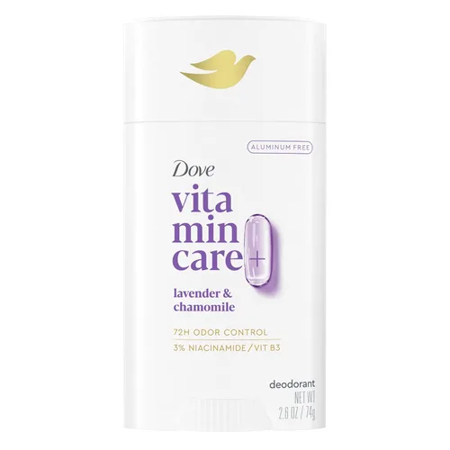 Dove VitaminCare+ Desodorante en barra sin aluminio para protección de olores 72H Desodorante transpirable lavanda y manzanilla para mujeres, 2.6