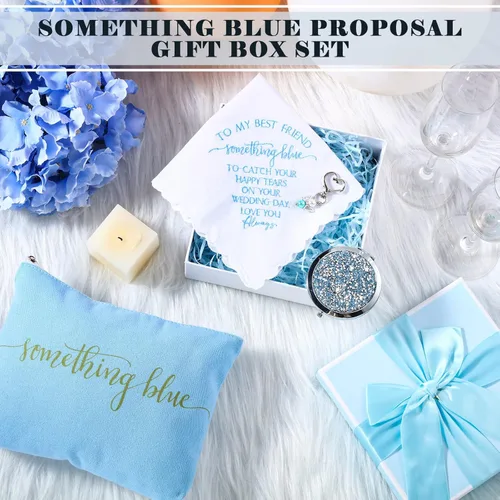 Miniatura 3 de Fumete Something Blue - Juego de regalo de boda, pañuelo bordado, ramo de ángel, bolsa de cosméticos para novia con espejo compacto de diamante