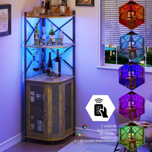 Miniatura 3 de JKsmart - Gabinete de esquina para barra con luces LED, gabinete de barra de vino industrial de 5 niveles con soporte para vasos, gabinetes de licor