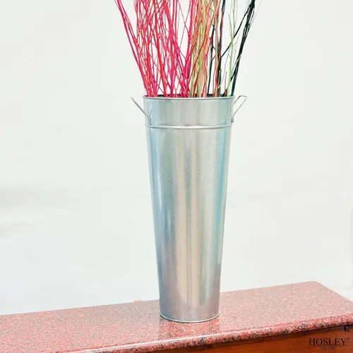 Miniatura 4 de Hosley Jarrón Balde Francés Galvanizado con Asas de 6" de Diámetro x 15" de Alto - Perfecto para Bodas, Fiestas, Picnics Campestres, Arreglos Plata