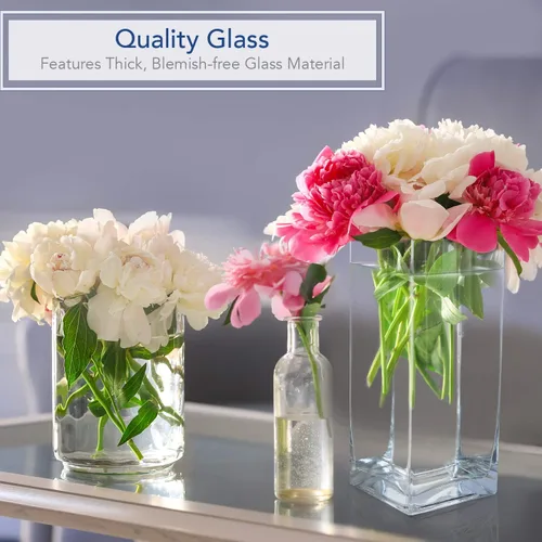 Miniatura 7 de Royal Imports Jarrón de cristal decorativo para el hogar o la boda, forma rectangular alta, 10 pulgadas de alto, apertura de 5 x 5 pulgadas
