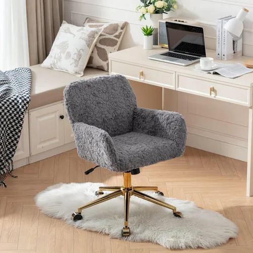 Miniatura 14 de HomVent Silla de escritorio esponjosa de piel sintética rosa, silla giratoria ajustable para computadora con ruedas, altura ajustable, bonita silla