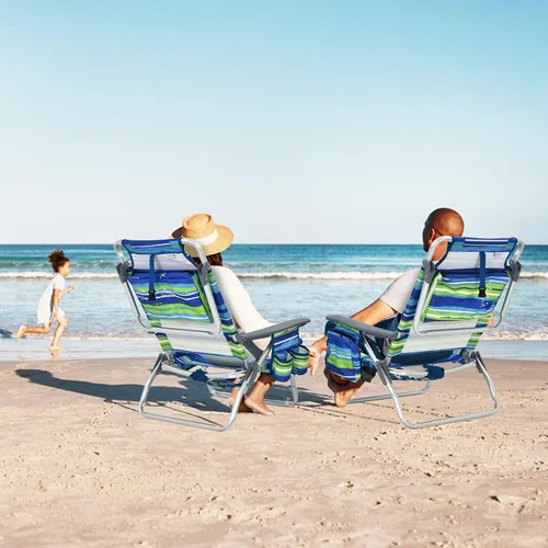 Miniatura 2 de Tangkula Juego de 2 Sillas de Playa con Mochila, Sillas de Playa Reclinables de 5 Posiciones que se Recuestan Completamente con Bolsa Refrigeradora