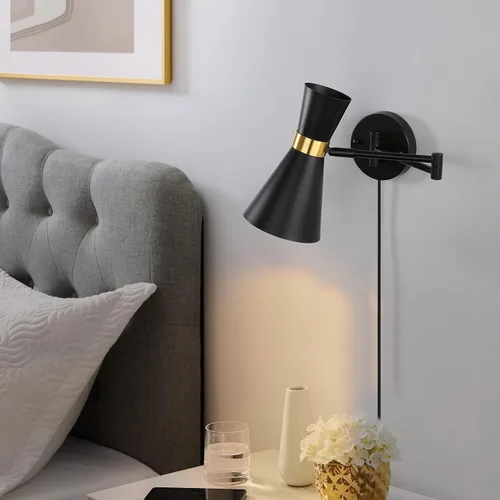 Miniatura 2 de Moderno aplique de pared con brazo oscilante, lámpara de pared enchufable para mesita de noche de dormitorio, accesorios de pared inalámbricos