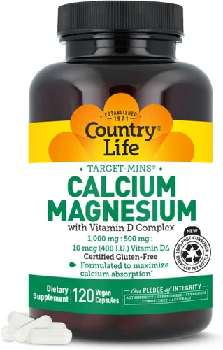 Country Life Target-Mins - Calcio y magnesio con complejo de vitamina D, 1000 mg/500 mg/10 mcg, 120 cápsulas veganas, certificado sin gluten,