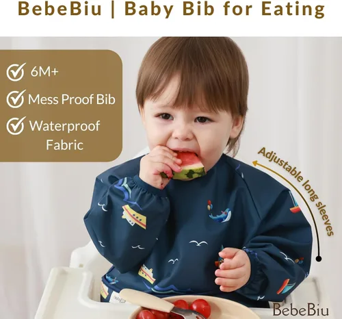 Miniatura 4 de Babero de manga larga para bebé, tela impermeable, bolsillo recolector, babero delantal para bebé, mangas ajustables