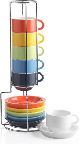 Miniatura 9 de Sweejar - Tazas de café de porcelana con platillos, tazas de capuchino apilables de 4 onzas con soporte de metal para bebidas de café, café