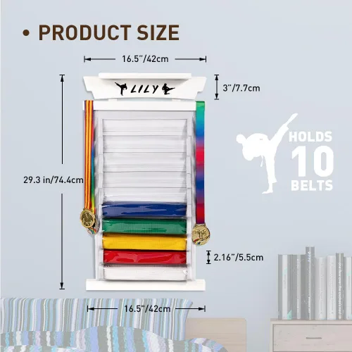 Miniatura 2 de Tilhumt 10/12 Belts Karate Belt Display Rack with Photo Shelf, Felt Taekwondo Belt Display Rack Martial Arts Belt Display for Adults TKD, BJJ Blanco