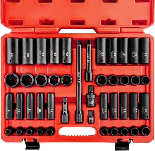 Neiko 02330A Juego de tubos de impacto de 1/2 pulgada, 45 piezas profundas y poco profundas, tamaños métricos de 9-32 mm, cromo vanadio, barras de