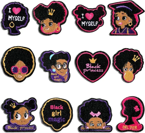 12 parches bordados para niña negra, parche para coser con planchado, apliques GRL Pwr Princess Reglas de tela, accesorios de ropa, insignia,