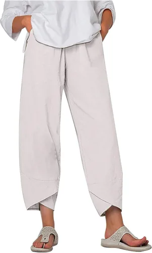 Miniatura 26 de Pantalones Capri de Lino de Algodón para Mujer 2025, Pantalones Palazzo Recortados Casuales con Estampado, Cintura Elástica, Pantalones Holgados