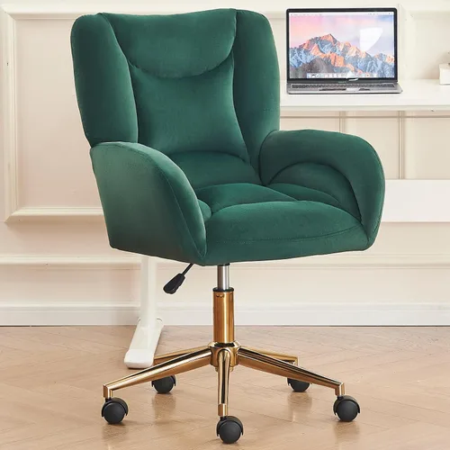 Silla de escritorio de terciopelo suave cómoda con patas y ruedas de metal dorado, silla de oficina cómoda giratoria de 360 grados con altura Verde