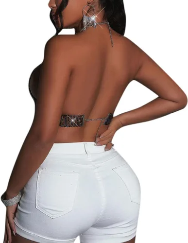 Miniatura 4 de Camiseta corta sin espalda con diamantes de imitación brillantes para mujer, sexy, halter, transparente, para salir por la noche, fiesta, club