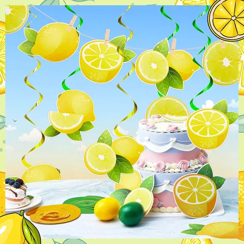 Miniatura 4 de Lewtemi 22 decoraciones de fiesta de limón incluyen 2 carteles de limón, 20 limones colgantes, remolinos de limonada cítrica, decoraciones