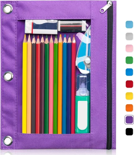 Miniatura 25 de Forvencer Estuche para lápices de 3 anillas, estuche transparente con cremallera suave, bolsa de lápices de gran capacidad con 3 ojales reforzados