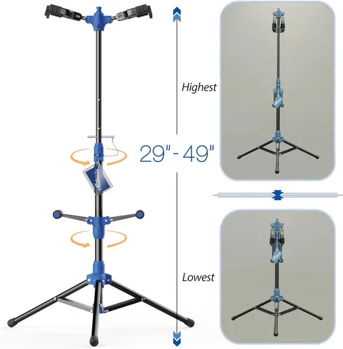 Miniatura 4 de Salvori Soporte plegable doble para guitarra con sistema de bloqueo automático y trípode sólido, soporte/soporte/estante doble/múltiple para bajo
