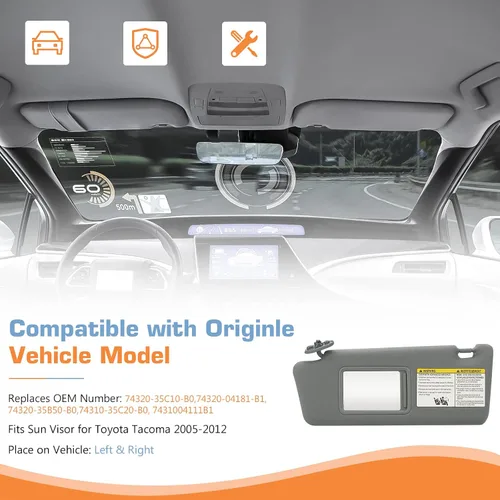 Miniatura 2 de Parasol para el lado izquierdo del conductor y del pasajero derecho gris sin luz para Toyota Tacoma 2005-2015, repuesto