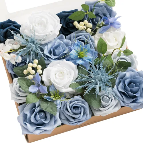 Miniatura 19 de Ling's moment Caja de Flores Falsas, Tallos de Vegetación Artificial Falsa Rosas de Espuma Dalias de Seda Hojas de Rosa Flor de Tela para Centros