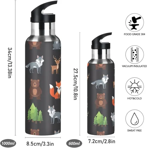 Miniatura 2 de Animals Foxes Forest Black Insulated Stainless Steel Water Bottle with Straw 20 Oz, BPA-Free Sport Water Bottle Leakproof Water Bottles