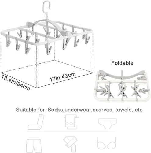 Miniatura 2 de Foshine Perchas de secado de ropa plegables de plástico con 20 clips de secado (gris claro, rectangular)