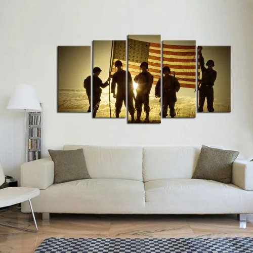 Miniatura 2 de KREATIVE ARTS - 5 paneles de silueta de soldados con bandera estadounidense, lienzo impreso de arte de pared, arte de pared vintage de las fuerzas
