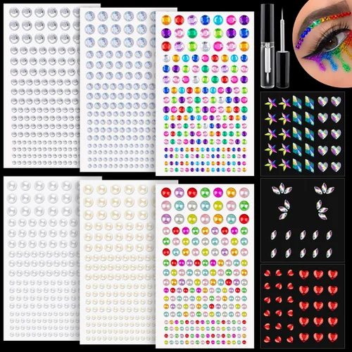 Juego de 9 hojas de diamantes de imitación para la cara y calcomanías de perlas, 1, gemas autoadhesivas de forma mixta de arco iris, con pegamento