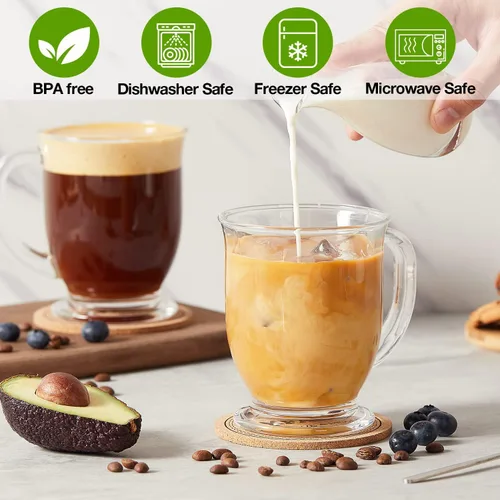 Miniatura 4 de Juego de 4 tazas de café de vidrio transparentes con cuchara, tazas de cerveza de vidrio transparente grande de 16 OZ con asa para bebidas