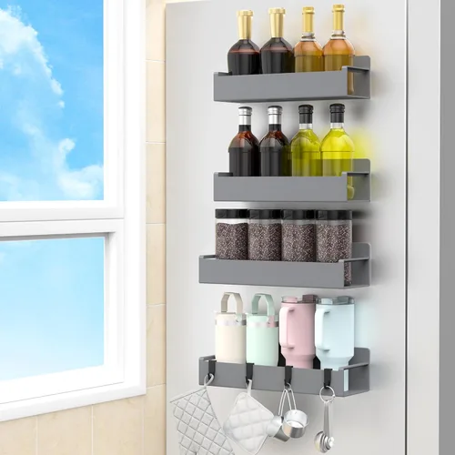Miniatura 12 de HuggieGems Paquete de 4 organizadores magnéticos para especias para refrigerador y horno, organizadores de nevera gris claro y almacenamiento
