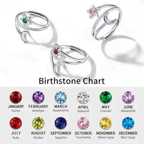 Miniatura 4 de ChicSilver Anillo de luna y estrella de plata de ley 925 con piedra natal luna creciente ajustable anillo de banda abierta regalo de cumpleaños