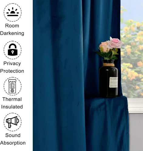 Miniatura 3 de XWZO Cortinas de terciopelo azul de 63 pulgadas de largo, elegantes cortinas de lujo suaves para sala de estar, aislamiento térmico, oscurecimiento