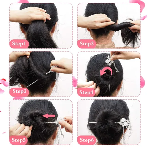 Miniatura 3 de Chuangdi 2 palillos chinos para el cabello para mujer, palillos de pelo plateado con diamantes de imitación, horquilla japonesa vintage, perla
