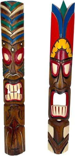 Miniatura 14 de Zeckos Juego de 2 máscaras de pared Tiki de madera tallada a mano, 39 pulgadas de alto, acabado envejecido pintado, esculturas de pared para sala