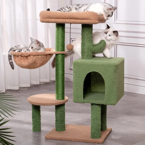 Miniatura 8 de Árbol pequeño para gatos beige torre para gatos con poste rascador de 32 pulgadas con casa condominio para gatos, hamaca acogedora y cama superior